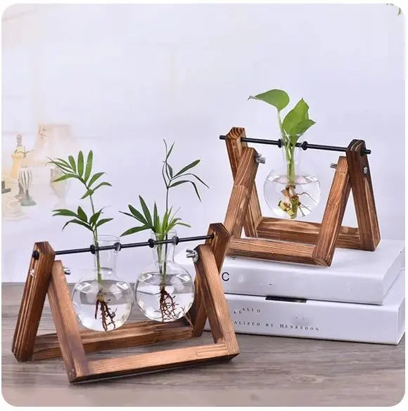 Hydroponic Plant Vases - Vintage Glass Vase with Wooden Tray - DynamicDrop Hub