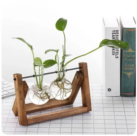 Hydroponic Plant Vases - Vintage Glass Vase with Wooden Tray - DynamicDrop Hub