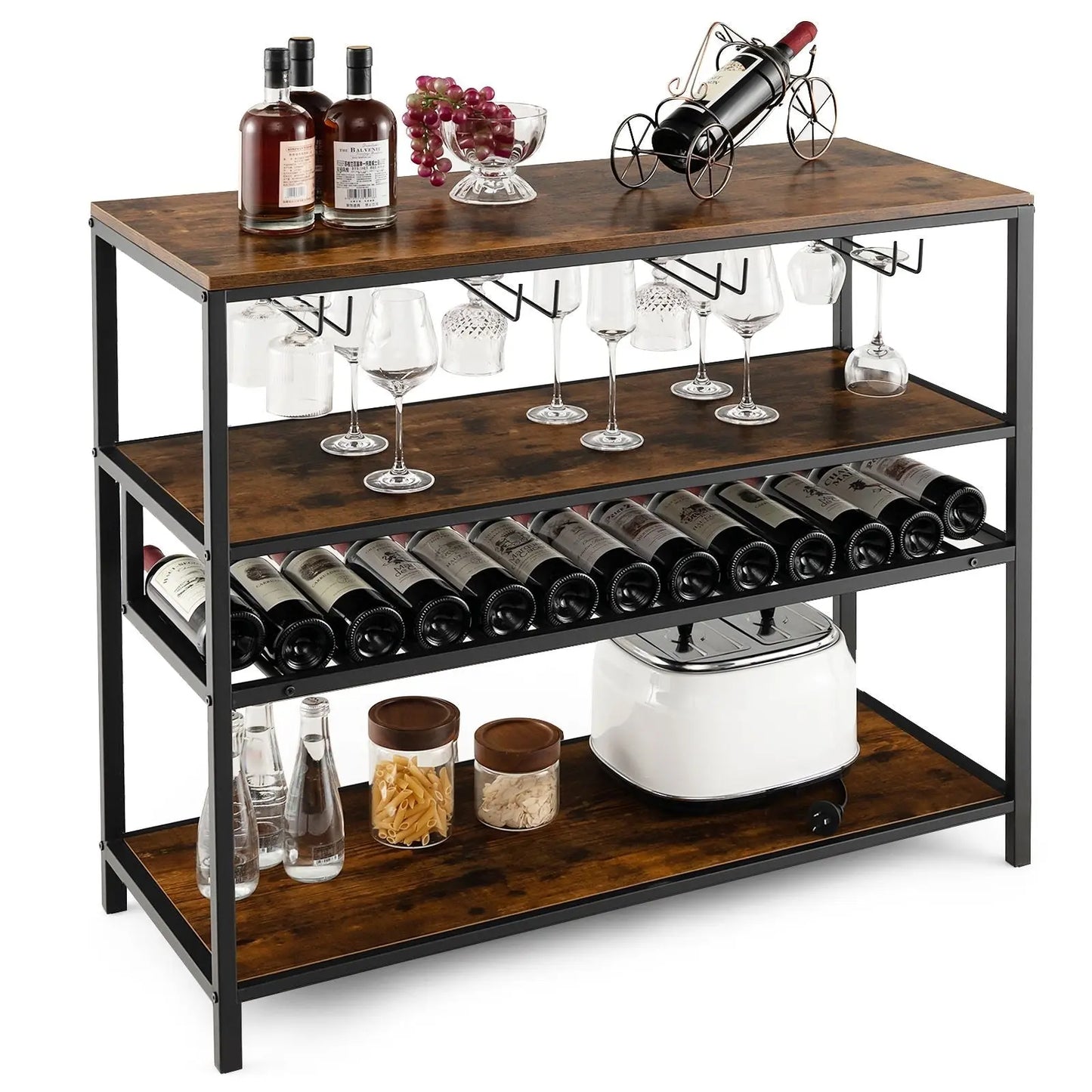 Industrial Bar Cabinet with Wine Rack & 4 Rows of Glass Holders - DynamicDrop Hub