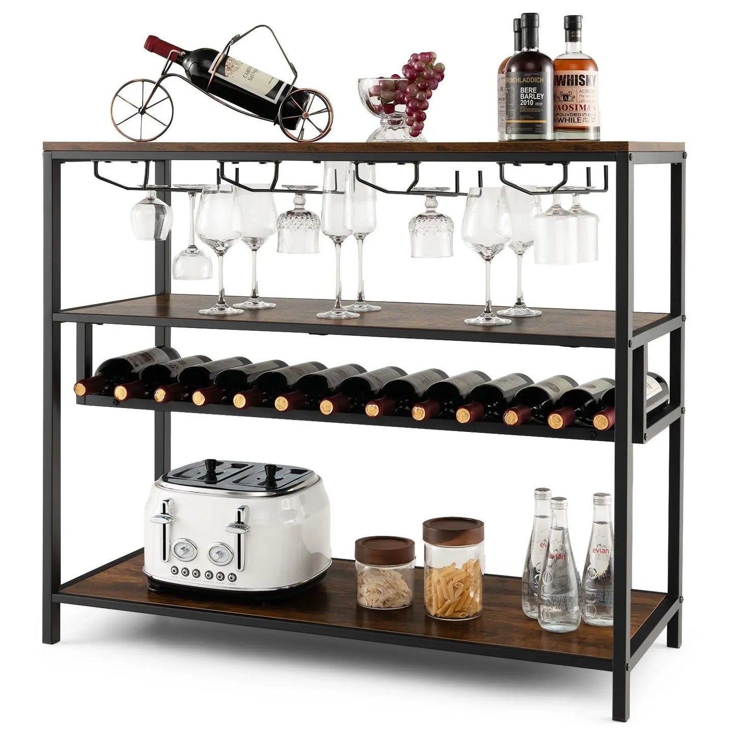 Industrial Bar Cabinet with Wine Rack & 4 Rows of Glass Holders - DynamicDrop Hub