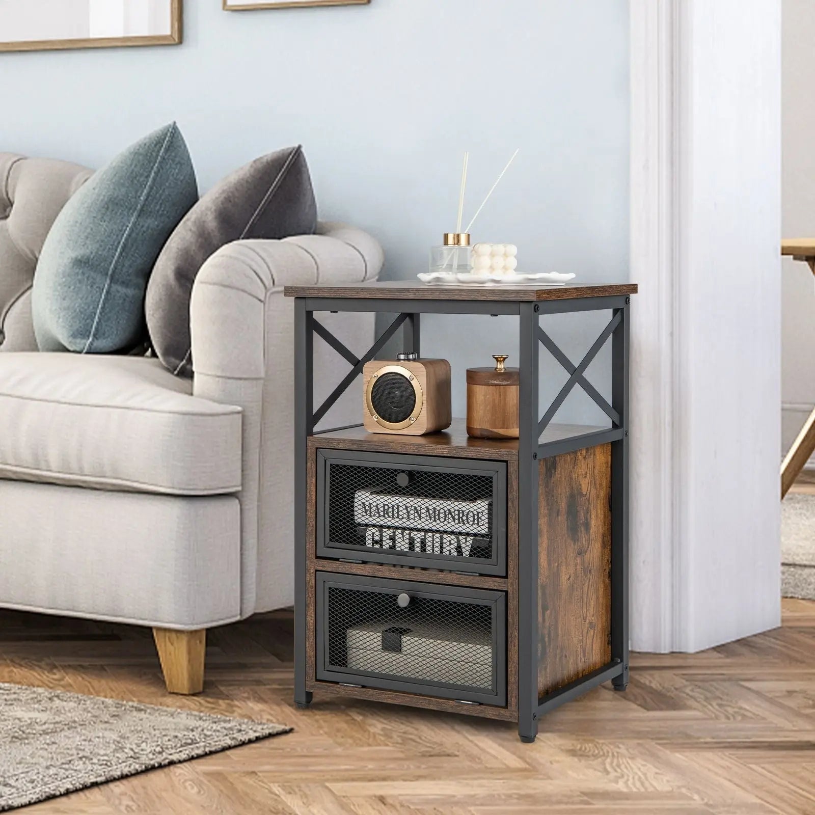 Industrial Bedside Nightstand with 2 Flip Drawers and Open Shelf - DynamicDrop Hub