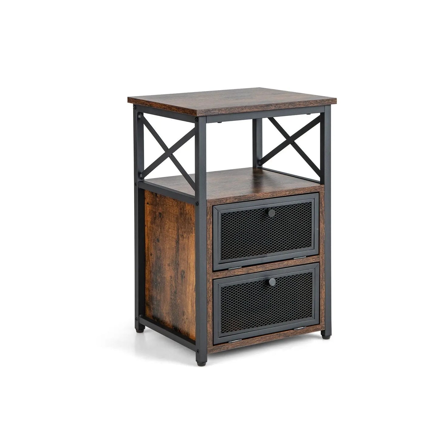 Industrial Bedside Nightstand with 2 Flip Drawers and Open Shelf - DynamicDrop Hub