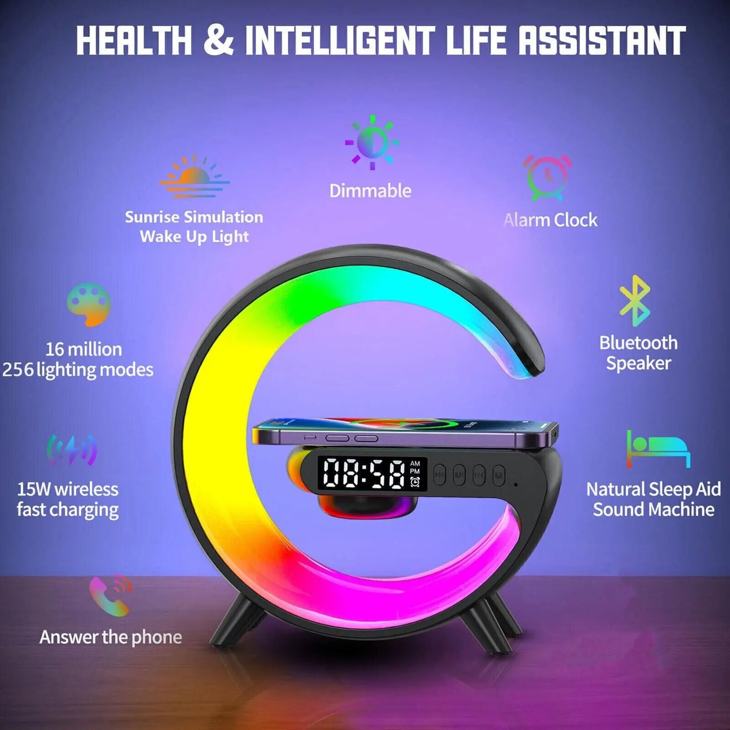 LED Smart G Lamp Wireless Charger Bluetooth Speaker RGB Alarm Clock Night Light - DynamicDrop Hub