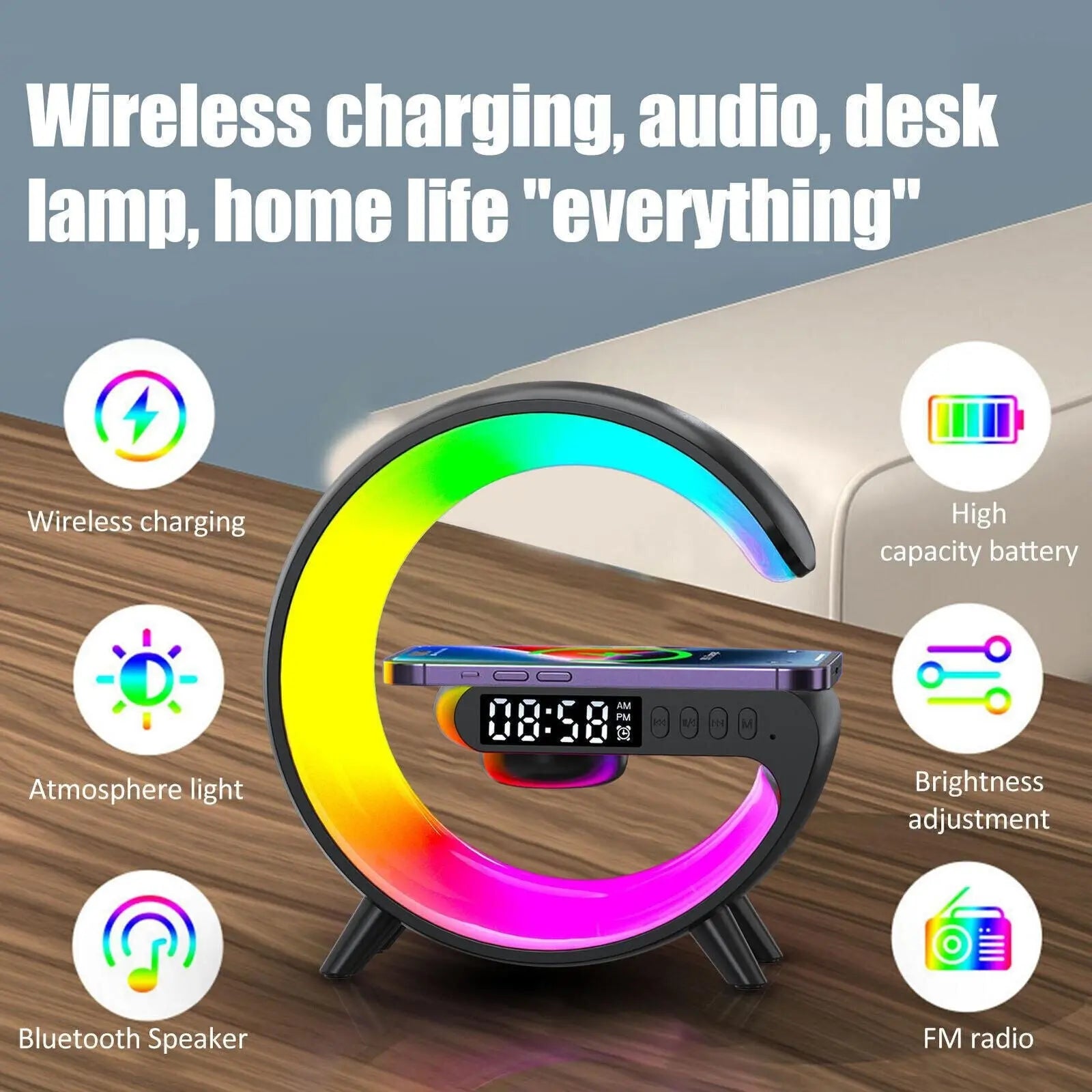 LED Smart G Lamp Wireless Charger Bluetooth Speaker RGB Alarm Clock Night Light - DynamicDrop Hub