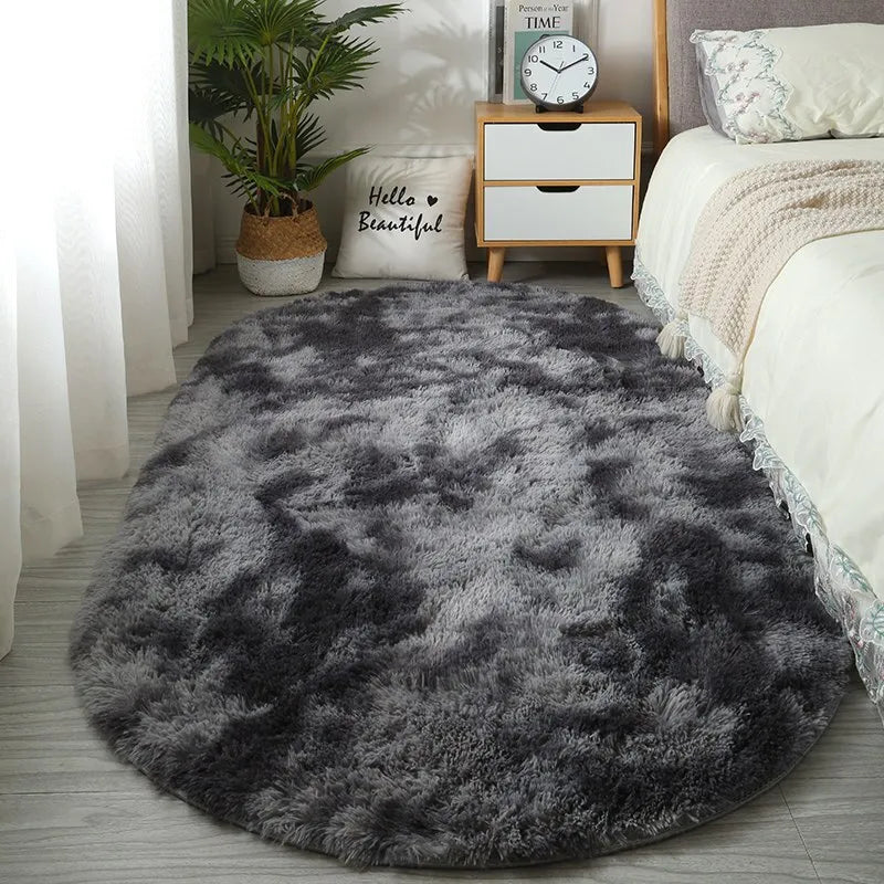 Large Size Oval Plush Rug Fluffy Home Decor Bedside Thick Tie Dye Rug Living Room Bedroom Rug Multi Color Available