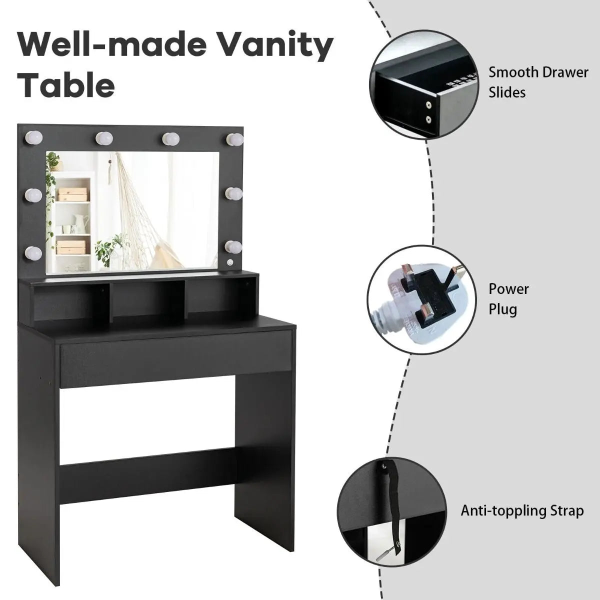 Modern Dressing Table Set with LED Lights Mirror and Drawer - DynamicDrop Hub