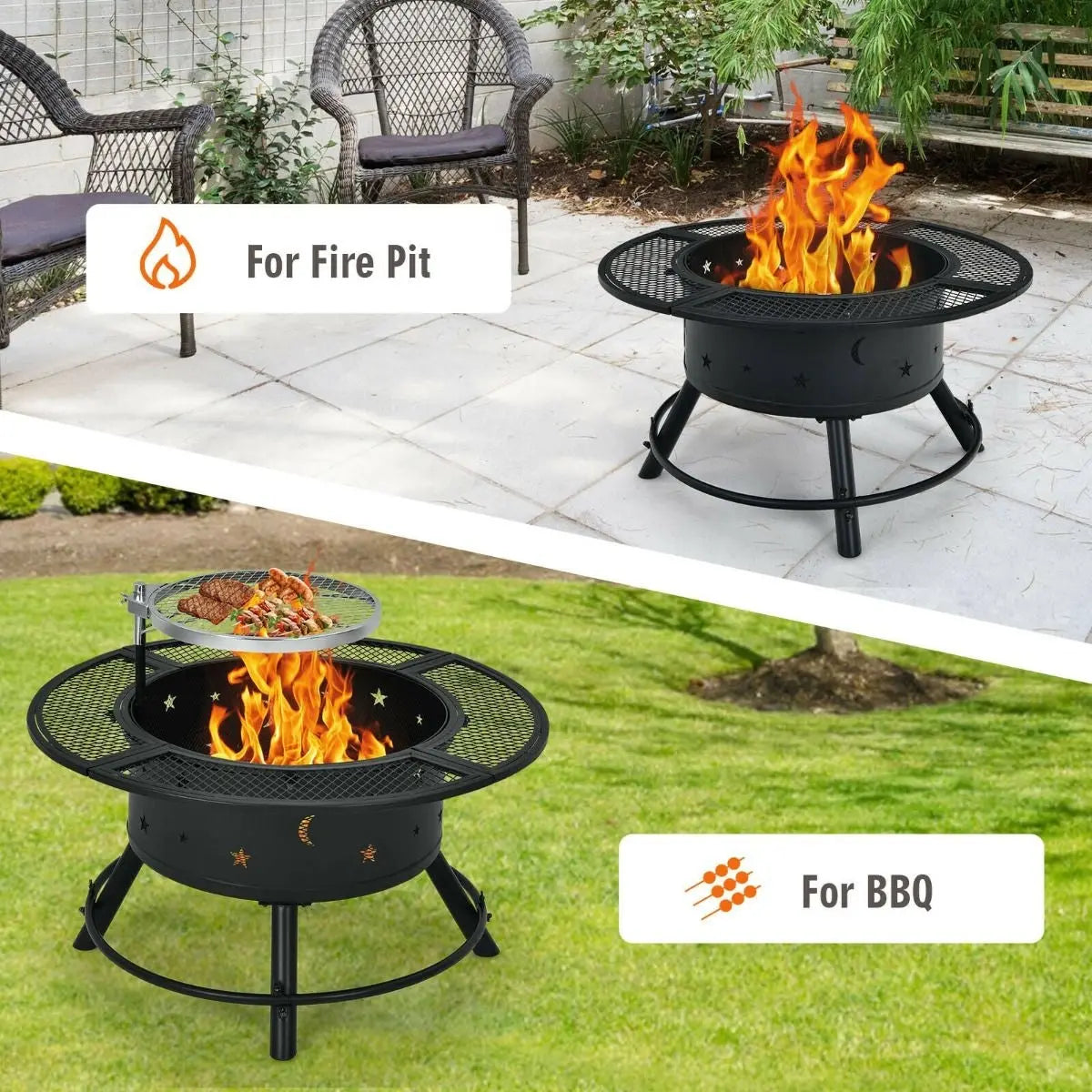 Outdoor Fire Pit with Removable BBQ Grill and Log Grate - DynamicDrop Hub