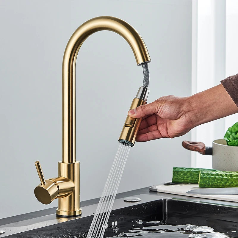 Brushed Gold Kitchen Faucet Pull Out Kitchen Sink Water Tap Single Handle Mixer Tap 360 Rotation Kitchen Shower Faucet