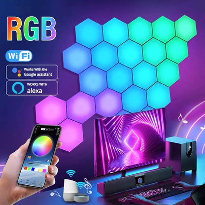 RGB Intelligent Hexagonal Wall Lamp Color-Changing Ambient Night Light DYI Shape Music Rhythm APP Control for Game Room Bedroom - DynamicDrop Hub