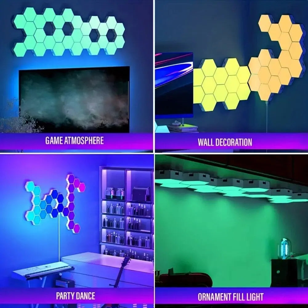 RGB Intelligent Hexagonal Wall Lamp Color-Changing Ambient Night Light DYI Shape Music Rhythm APP Control for Game Room Bedroom - DynamicDrop Hub