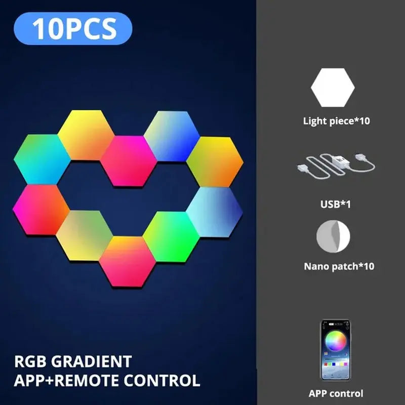 RGB Intelligent Hexagonal Wall Lamp Color-Changing Ambient Night Light DYI Shape Music Rhythm APP Control for Game Room Bedroom - DynamicDrop Hub