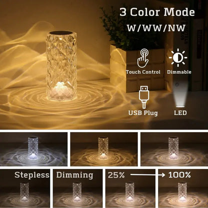 Crystal Table Lamp for Bedroom 16 Colors Touch/Remote Dimmable Night Light USB LED Bedside Diamond Rose Lamp - DynamicDrop Hub