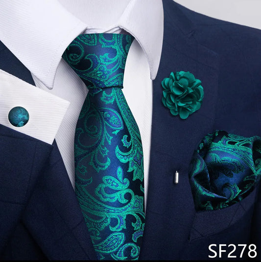 Luxury Men’s Floral Paisley Tie Set – Black & Gold Necktie with Matching Pocket Square, Cufflinks & Brooch | Elegant Wedding, Business, Dinner & Cocktail Look