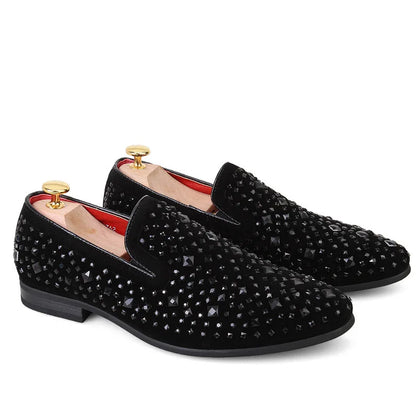 Men’s Genuine Luxury Stone  Leather Rhinestone Loafers – Slip-On Dress Shoes for Wedding, Party & Clubwear