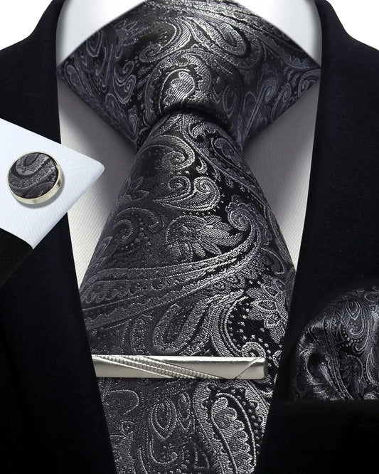 Men’s Classic Silver Paisley Tie Set – Silk Necktie, Pocket Square, Cufflinks & Tie Clip – Formal Wedding Party Gift Box