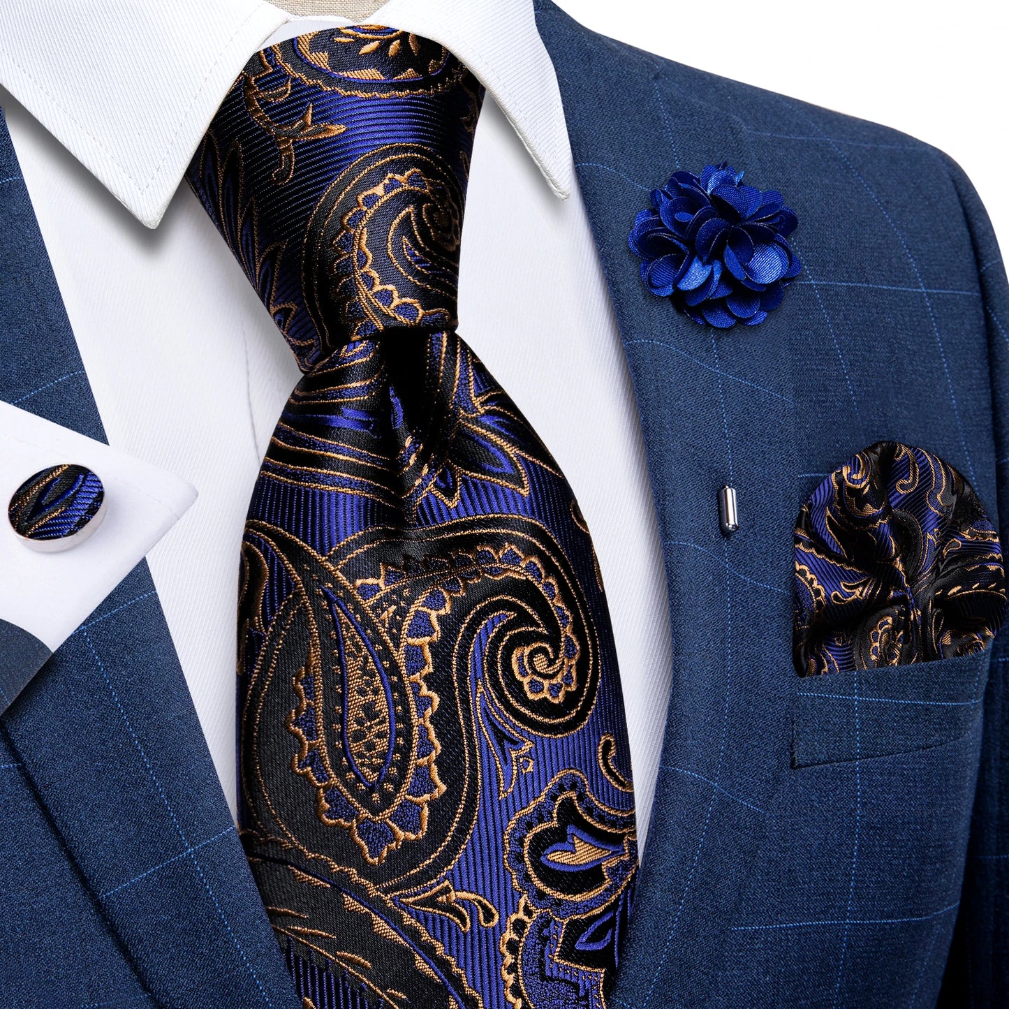 Blue & Silver Paisley Silk Tie Set – 8cm Necktie + Pocket Square + Cufflinks + Brooch – Elegant Men’s Gift for Weddings & Holidays
