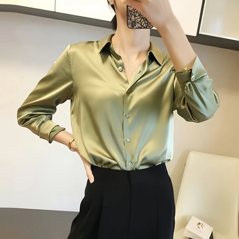 Elegant Satin Button-Down Blouse – Women’s Long Sleeve French Solid Shirt for Work & Evenings