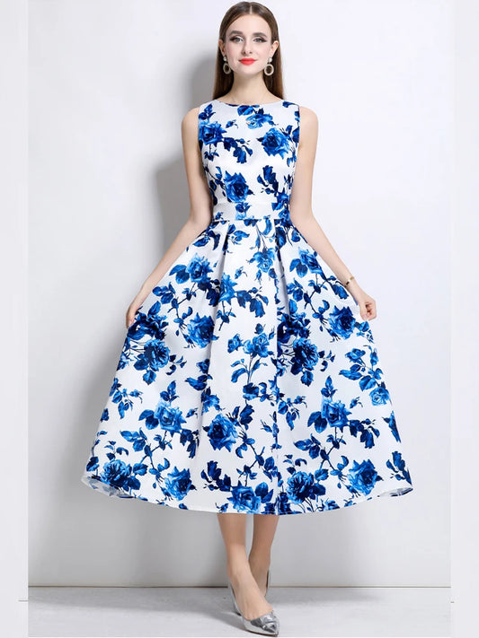Elegant Sleeveless Printed A-Line Dress – Slim Fit Summer Fashion Dress for Women