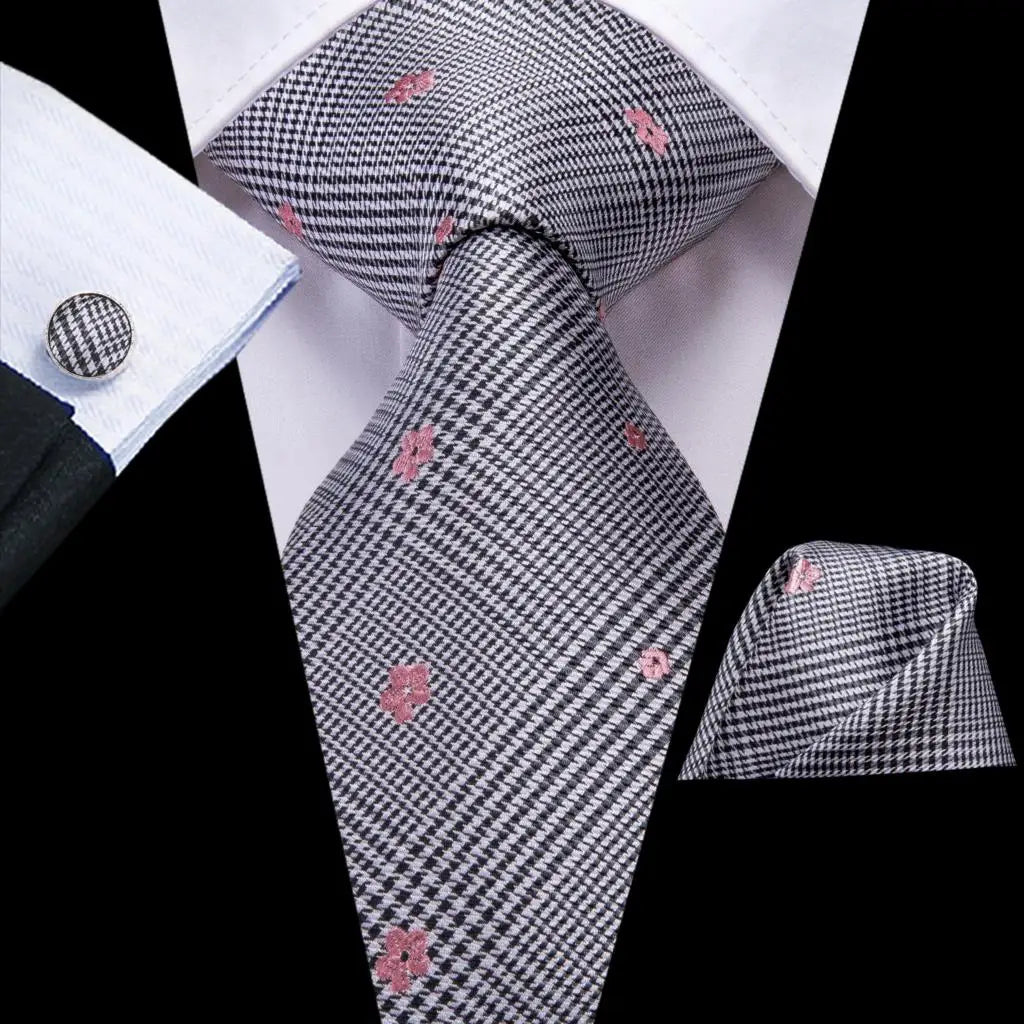 White & Grey Paisley Tie Set – Silk Necktie, Pocket Square & Cufflinks for Men – Formal Wedding & Business Accessory