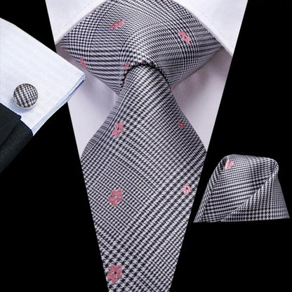 White & Grey Paisley Tie Set – Silk Necktie, Pocket Square & Cufflinks for Men – Formal Wedding & Business Accessory