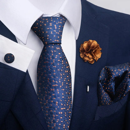 Luxury Men’s Floral Paisley Tie Set – Black & Gold Necktie with Matching Pocket Square, Cufflinks & Brooch | Elegant Wedding, Business, Dinner & Cocktail Look