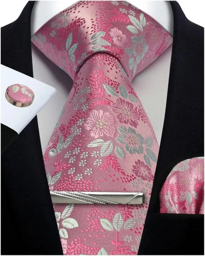 Men’s Classic Silver Paisley Tie Set – Silk Necktie, Pocket Square, Cufflinks & Tie Clip – Formal Wedding Party Gift Box