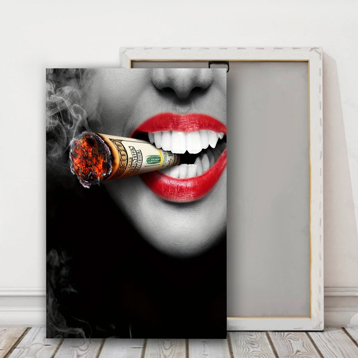 Red Lips Smoking Woman Canvas Art – Framed Pop Art Print with Money Burning Design for Living Room Decor