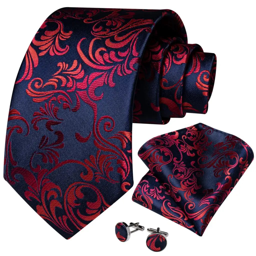 Luxury Red & Blue Floral Silk Tie Set – 8cm Necktie + Pocket Square + Cufflinks + Brooch – Men’s Formal Gift Set