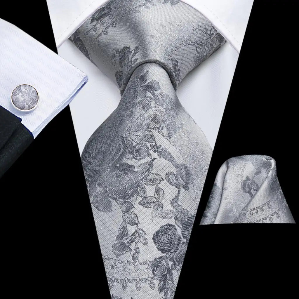 White & Grey Paisley Tie Set – Silk Necktie, Pocket Square & Cufflinks for Men – Formal Wedding & Business Accessory