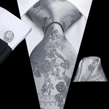 White & Grey Paisley Tie Set – Silk Necktie, Pocket Square & Cufflinks for Men – Formal Wedding & Business Accessory