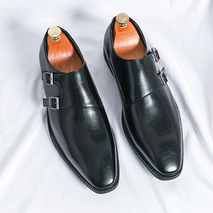 Men’s Retro Monk Strap Dress Shoes – Pointed Toe Leather Office, Business & Wedding Footwear