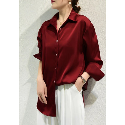 Elegant Satin Button-Down Blouse – Women’s Long Sleeve French Solid Shirt for Work & Evenings