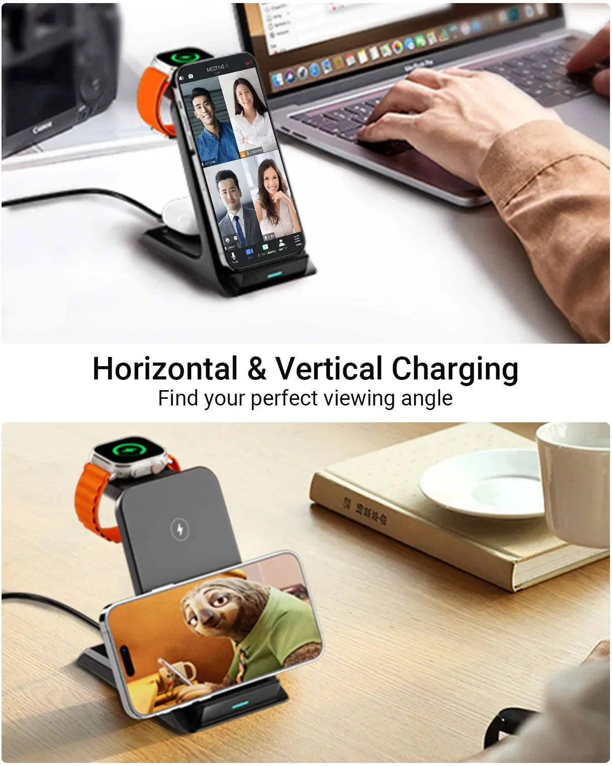 KPON 3-in-1 Wireless Charging Station – Fast Charger Stand for iPhone, Apple Watch & AirPods (Apple-Only)