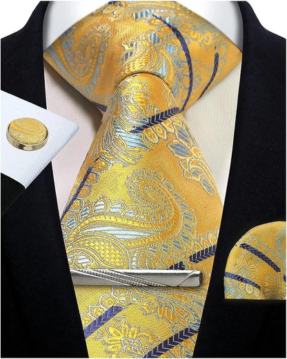 Men’s Classic Silver Paisley Tie Set – Silk Necktie, Pocket Square, Cufflinks & Tie Clip – Formal Wedding Party Gift Box