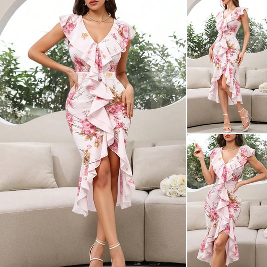 Elegant Summer Women’s Evening Dress – Asymmetrical V-Neck Floral Print Sheath Dress with Flying Sleeves