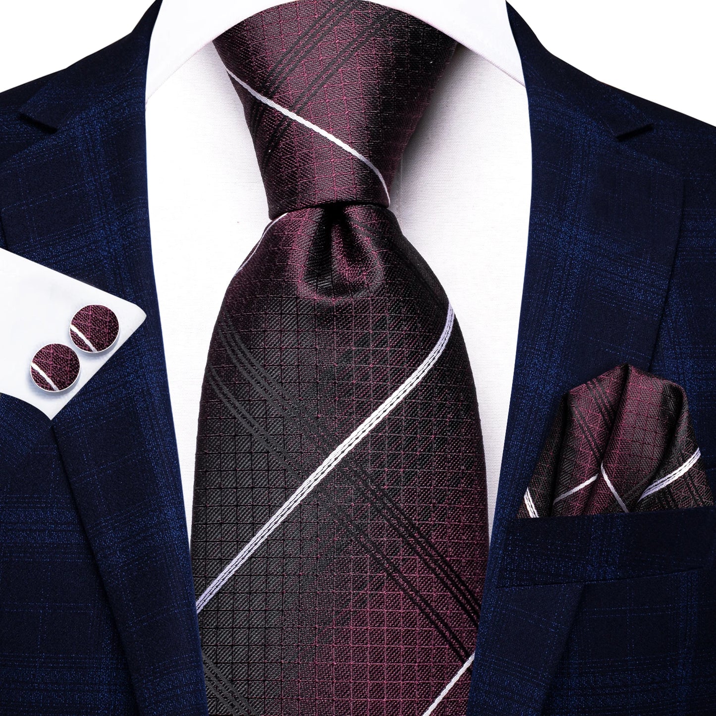 Navy Blue Striped Silk Tie Set for Men – Necktie, Pocket Square & Cufflinks – Formal Business & Wedding Gift Set