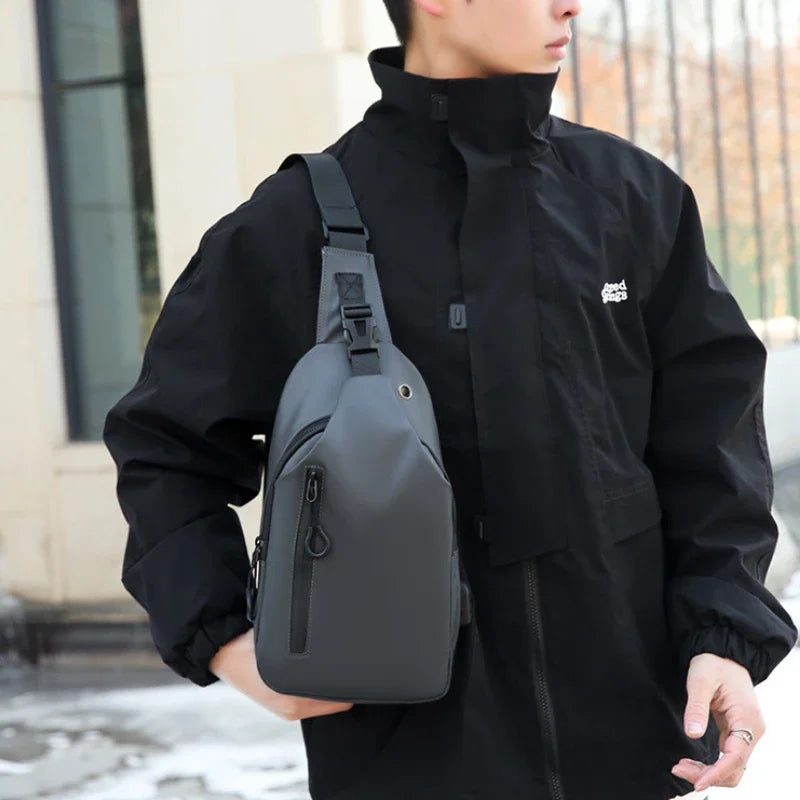 Men's Fashion Solid Color Crossbody Chest Bag with USB Charging Port