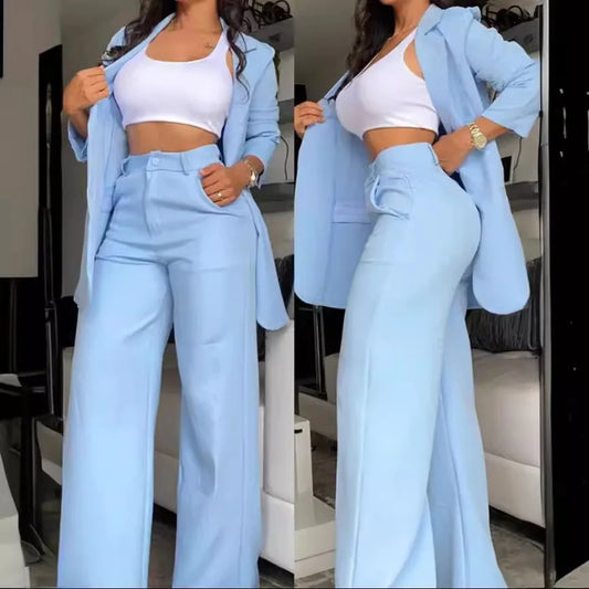 Women’s 2-Piece Solid Color Set – Spring/Autumn Fashion – Elegant Split Collar Top & Straight Tube Pocket Pants