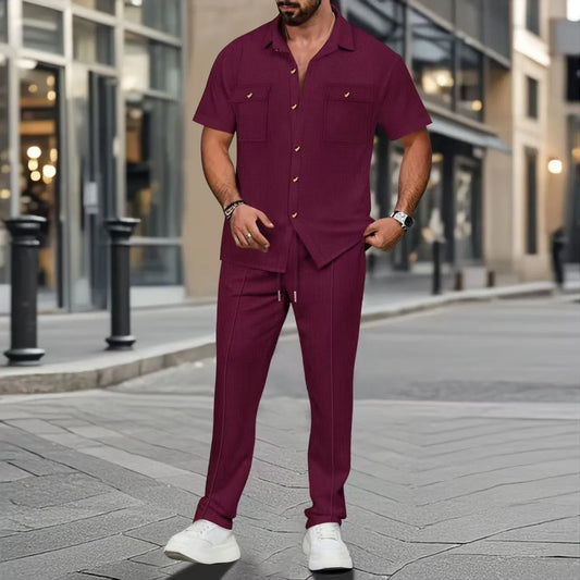 Men’s Solid Color Summer Two-Piece Set – Short-Sleeved Button-Up Shirt & Matching Trousers with Pockets