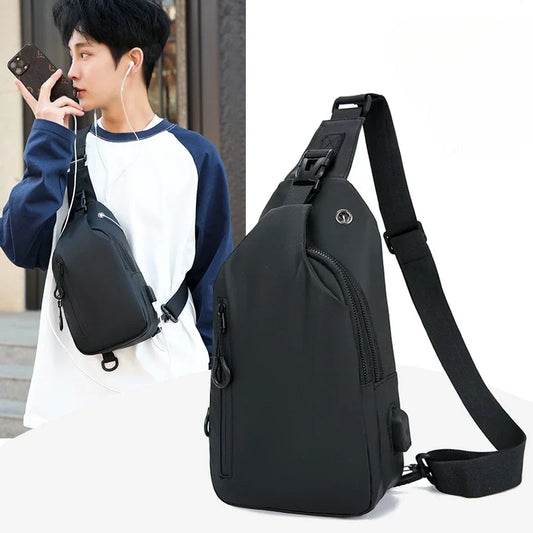 Men's Fashion Solid Color Crossbody Chest Bag with USB Charging Port