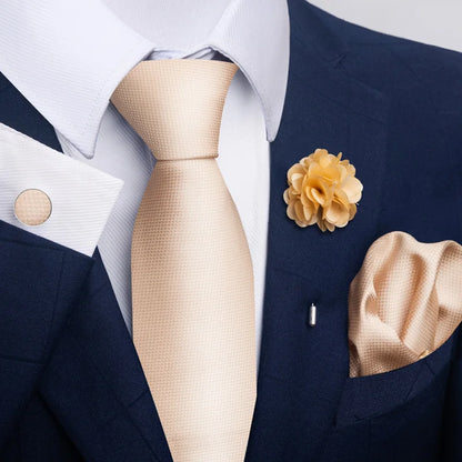 Luxury Men’s Floral Paisley Tie Set – Black & Gold Necktie with Matching Pocket Square, Cufflinks & Brooch | Elegant Wedding, Business, Dinner & Cocktail Look
