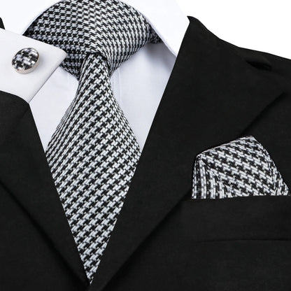 White & Grey Paisley Tie Set – Silk Necktie, Pocket Square & Cufflinks for Men – Formal Wedding & Business Accessory