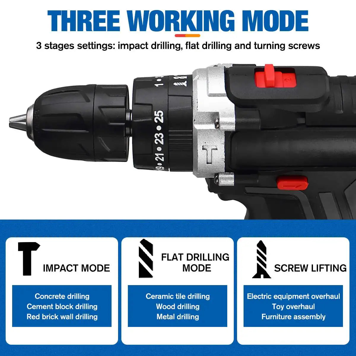 21V Cordless Impact Drill Electric Screwdriver Electric Hammer Drill Mini Wireless Hand Drill Lithium-Ion Battery Power Tools