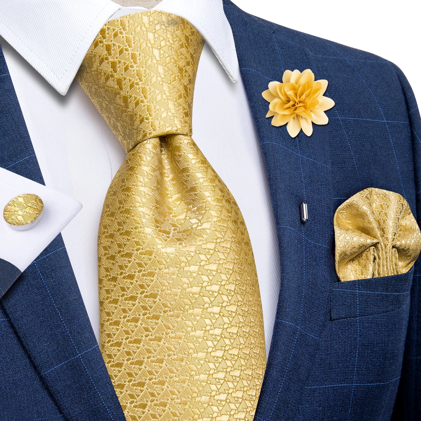 Blue & Silver Paisley Silk Tie Set – 8cm Necktie + Pocket Square + Cufflinks + Brooch – Elegant Men’s Gift for Weddings & Holidays