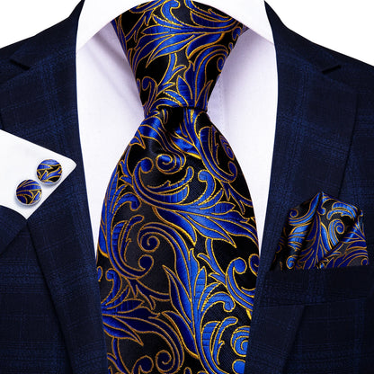 Burgundy Brown & Black Paisley Striped Silk Tie Set – Necktie + Pocket Square + Cufflinks – Formal Gift Set for Men