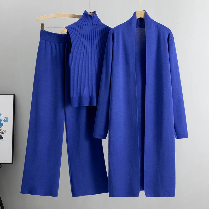 Women's 3-Piece Knitted Cardigan Tracksuit Set – Vintage Style Sweater + Top + Pants | Spring/Autumn Fashion Outfit