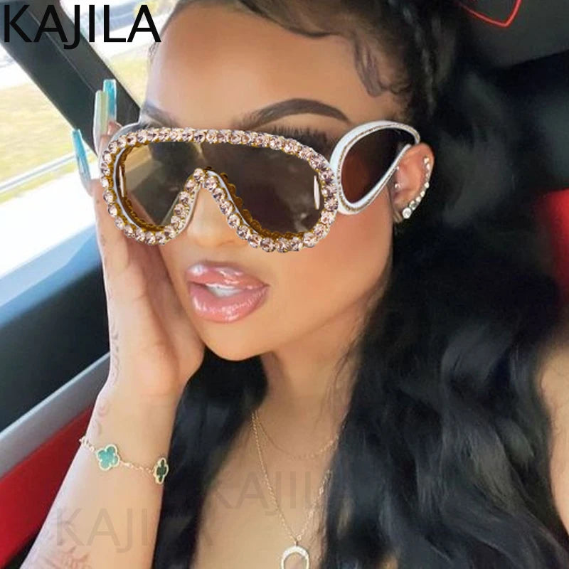 Oversized Punk Rhinestone Sunglasses – 2024 Luxury Y2K Steampunk One-Piece UV400 Sports Shades for Women