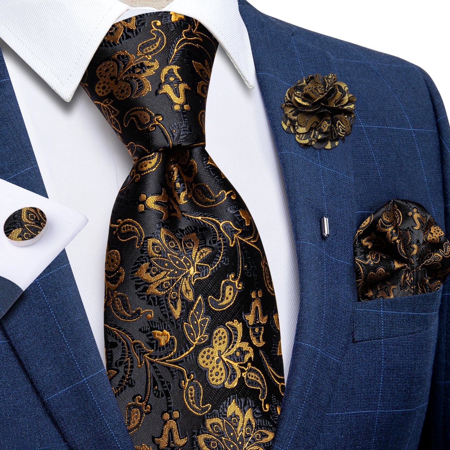 Blue & Silver Paisley Silk Tie Set – 8cm Necktie + Pocket Square + Cufflinks + Brooch – Elegant Men’s Gift for Weddings & Holidays