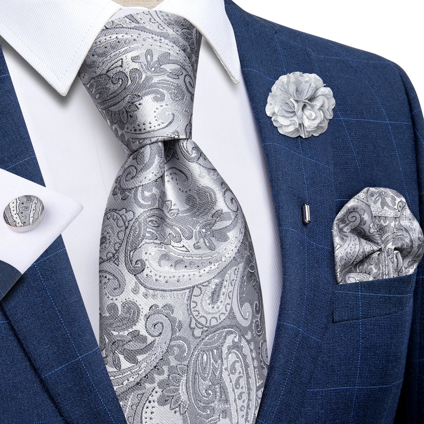 Blue & Silver Paisley Silk Tie Set – 8cm Necktie + Pocket Square + Cufflinks + Brooch – Elegant Men’s Gift for Weddings & Holidays