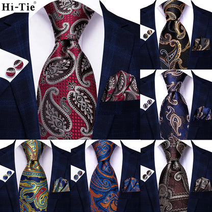Burgundy Brown & Black Paisley Striped Silk Tie Set – Necktie + Pocket Square + Cufflinks – Formal Gift Set for Men